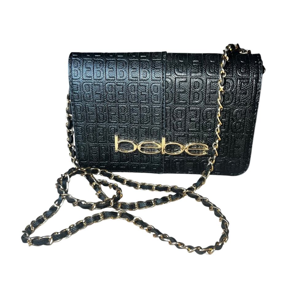 Bebe black Celia embossed crossbody monogram flap purse gold chain strap